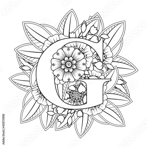 Letter G with Mehndi flower. decorative ornament in ethnic oriental style. coloring book page. 