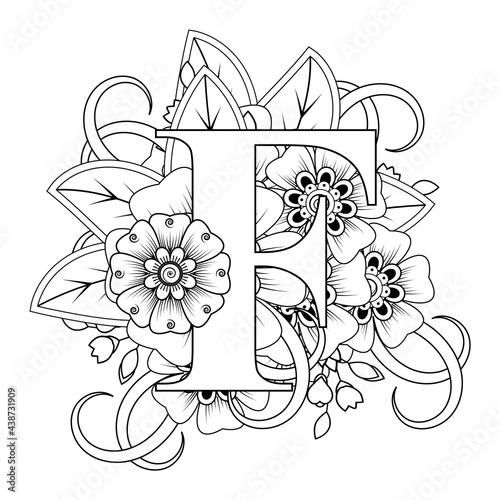Letter F with Mehndi flower. decorative ornament in ethnic oriental style. coloring book page. 