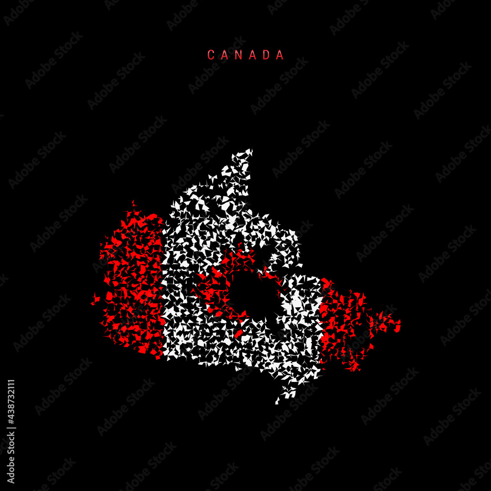 Canada flag map, chaotic particles pattern in the Canadian flag colors. Vector illustration