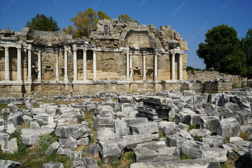Ancient Side city agora, central hall ruins. Antalya province, Turkey