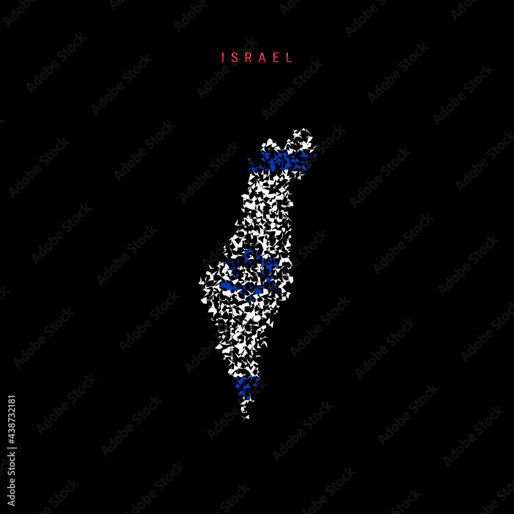 Israel flag map, chaotic particles pattern in the Israeli flag colors. Vector illustration