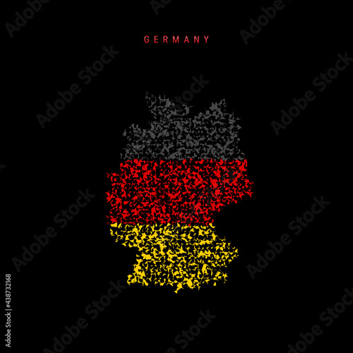 Germany flag map, chaotic particles pattern in the German flag colors. Vector illustration