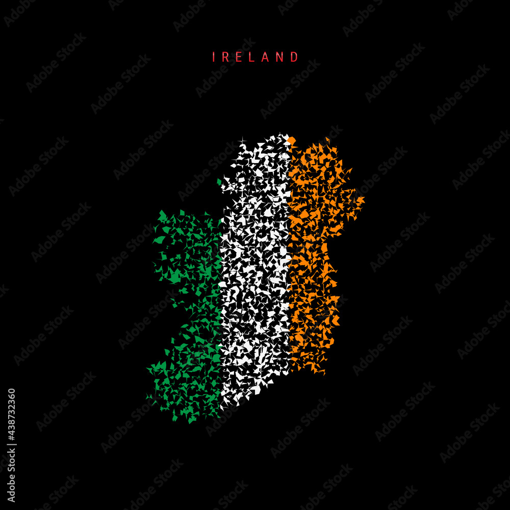 Ireland flag map, chaotic particles pattern in the Irish flag colors. Vector illustration