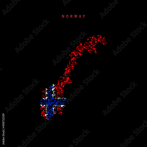 Norway flag map, chaotic particles pattern in the Norwegian flag colors. Vector illustration