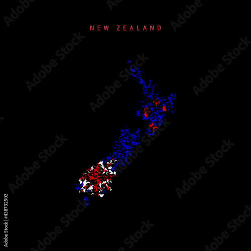 New Zealand flag map, chaotic particles pattern in the New Zealand flag colors. Vector illustration