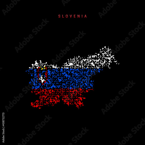 Slovenia flag map, chaotic particles pattern in the Slovenian flag colors. Vector illustration