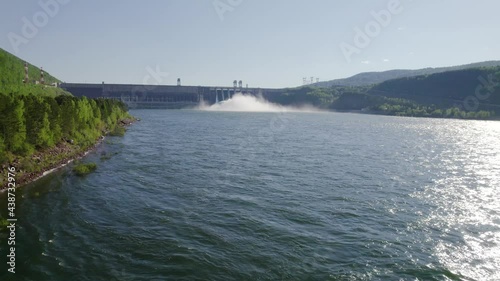 Wallpaper Mural Hydroelectric dam on the river, water discharge from the reservoir,  aerial video footage Torontodigital.ca