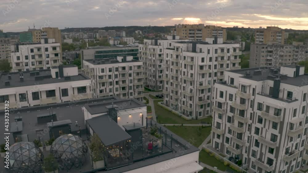 Glass Dome Igloo On Restaurant At Rooftop Of Real Estate Building In City Of Vilnius, Lithuania. - aerial pullback Glass Dome Igloo On Restaurant At Rooftop Of Real Estate Building In City Of Vilnius, Lithuania. - aerial pullback