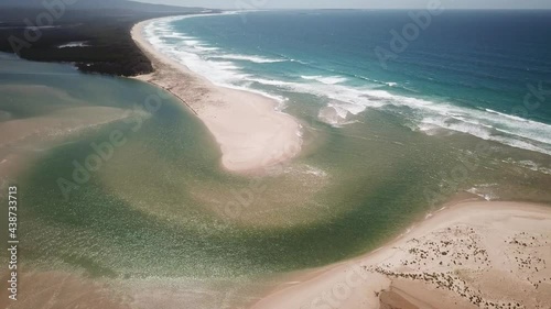 Stationary aerial view of the mouth of the Wallagaraugh River at Mallacoota, eastern Victoria, Australia, December 2020 photo