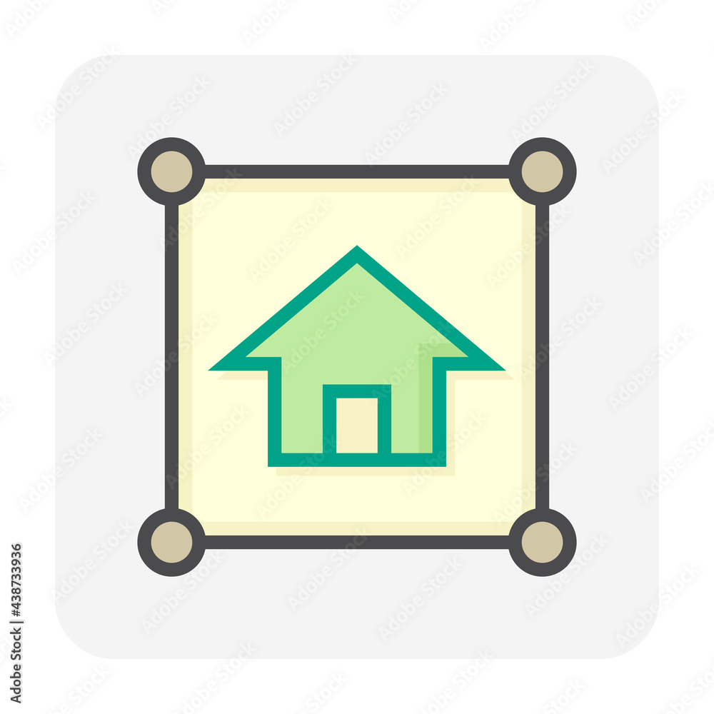 Land plot and house vector icon in top view. Include gps position pin point of location. Real estate or property for housing subdivision, development, owned, sale, rent, buy or investment.  64x64 px.
