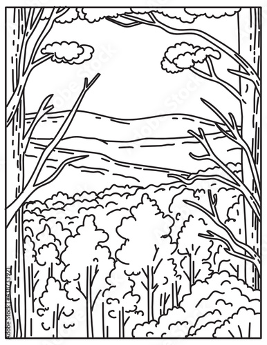 Mono line illustration of Ouachita Mountain range or Ouachitas located in Hot Springs National Park, Arkansas, United States of America done in retro black and white monoline line art style.