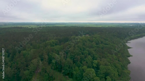 Panorama Of Rambynas Regional Park With Shaggy Woodland And Neman River In Lithuania. - Aerial Shot photo