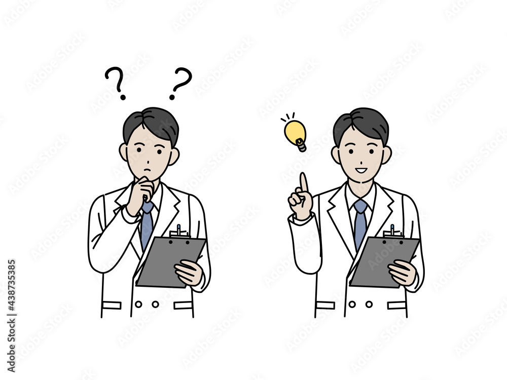 医者 科学者 白衣を着た男性 考える 疑問 閃く アイデア ポーズ イラスト素材 Stock Vector Adobe Stock