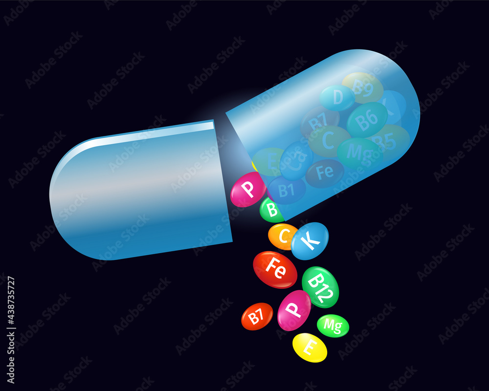 Multivitamin Vector Vector illustration of capsule with vitamins. Multivitamin complex ...