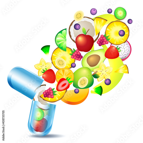 Vector illustration of fruits coming out from vitamin capsule. Vitamins in fruits. 