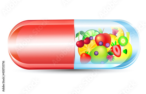Illustration capsule with fruits. The benefits of fruits 
