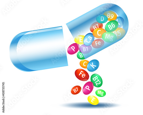 Vector illustration of capsule with vitamins. Multivitamin complex 