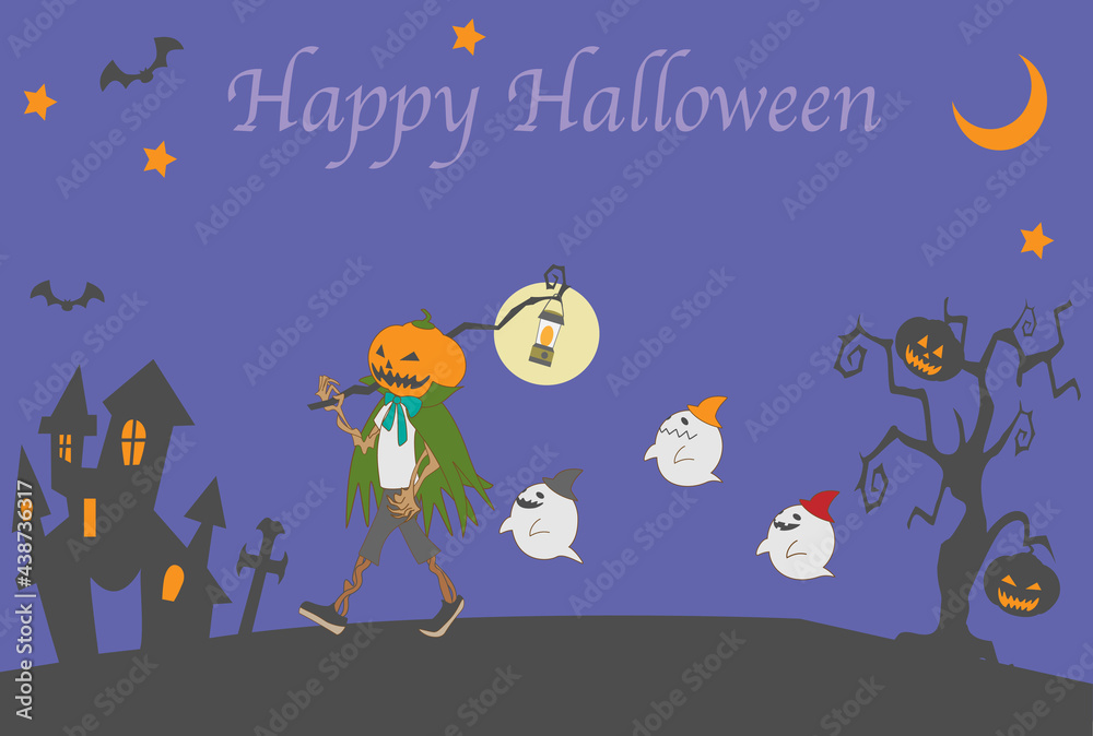 Obraz premium ハロウィンで行進するカボチャとゴーストたち