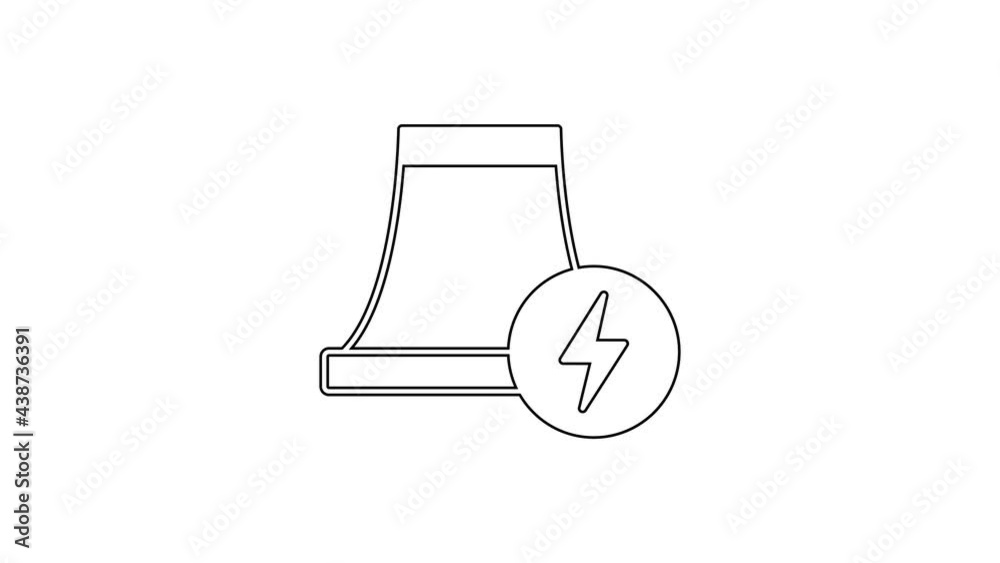 Black line Nuclear power plant icon isolated on white background. Energy industrial concept. 4K Video motion graphic animation Black line Nuclear power plant icon isolated on white background. Energy industrial concept. 4K Video motion graphic animation
