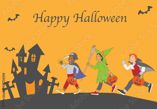 ハロウィンで行進する仮装した子供たち