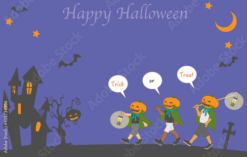 ハロウィンで行進するカボチャの仮装した子供たち