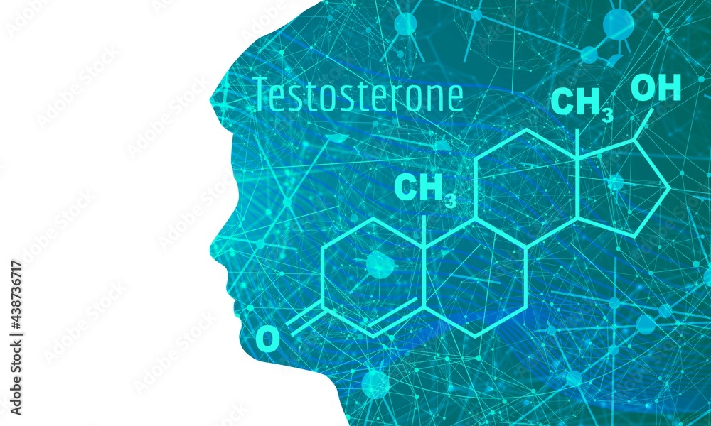 Silhouette of a male head and formula of testosterone.