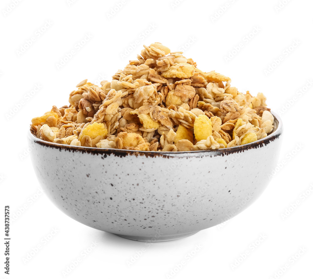 Bowl with tasty granola on white background Bowl with tasty granola on white background
