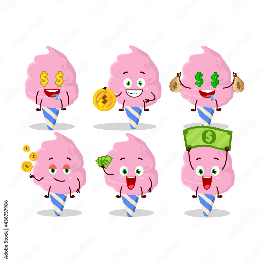 Cotton candy strawberry cartoon character with cute emoticon bring money