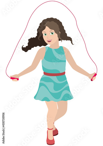 Girl with a jump rope / Illustration cartoon girl. She is skipping rope