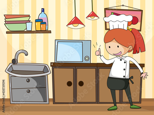 Little chef in the kitchen scene with equipments