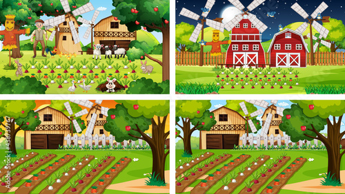 Different farm scenes with old farmer and animal cartoon character