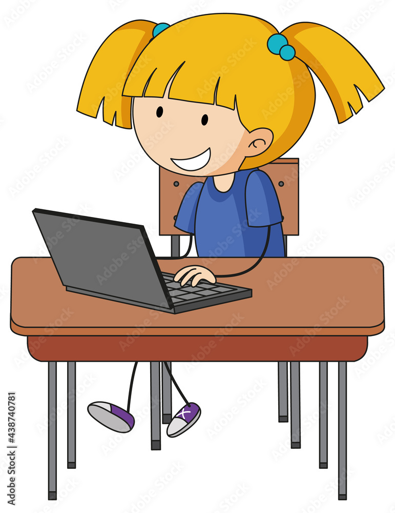 Cute girl using laptop doodle cartoon character Cute girl using laptop doodle cartoon character
