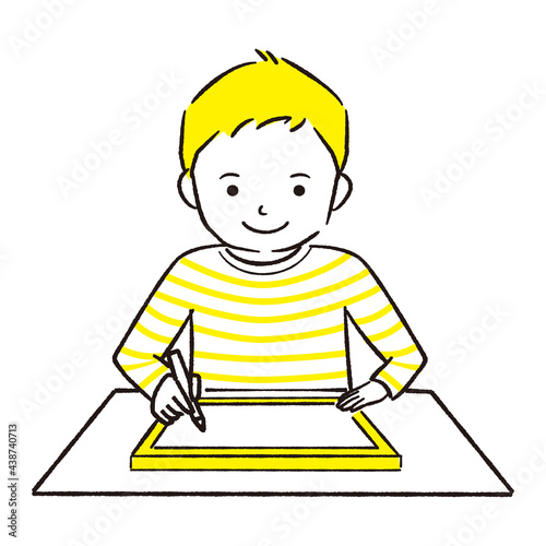 手描き1color  男の子　タブレットで真剣にお勉強