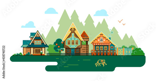 Row of village houses in flat design style. Landscape of a Russian village with wooden houses in a traditional style.