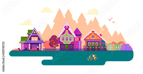 Row of village houses in flat design style. Landscape of a Russian village with wooden houses in a traditional style.
