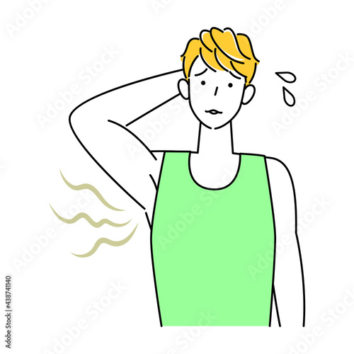 不快な脇の下の臭い(わきが)を気にする可愛い男性 イラスト シンプル ベクター