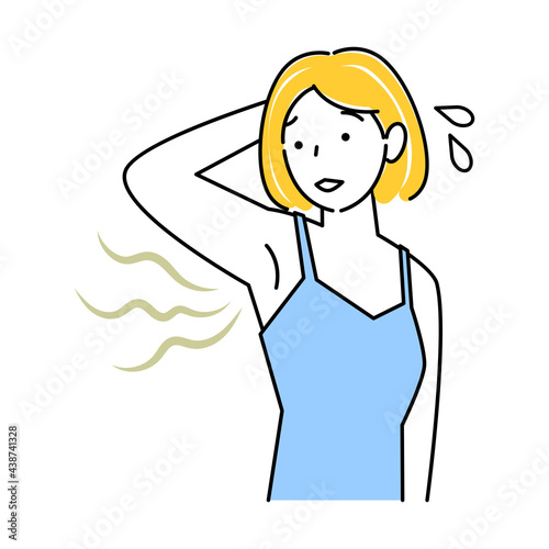 不快な脇の下の臭い(わきが)を気にする可愛い女性 イラスト シンプル ベクター