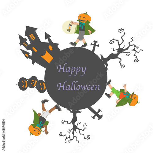 ハロウィンを楽しむカボチャに仮装した子供たち