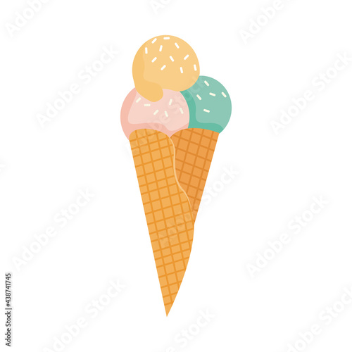 A waffle cone with various fruit ice cream scoops. Green, yellow and pink gelato or sorbet. Vector illustration in flat cartoon style isolated on white.