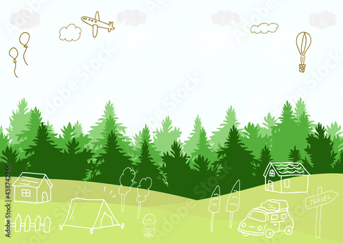 キャンプ場の風景と手がきのイラスト