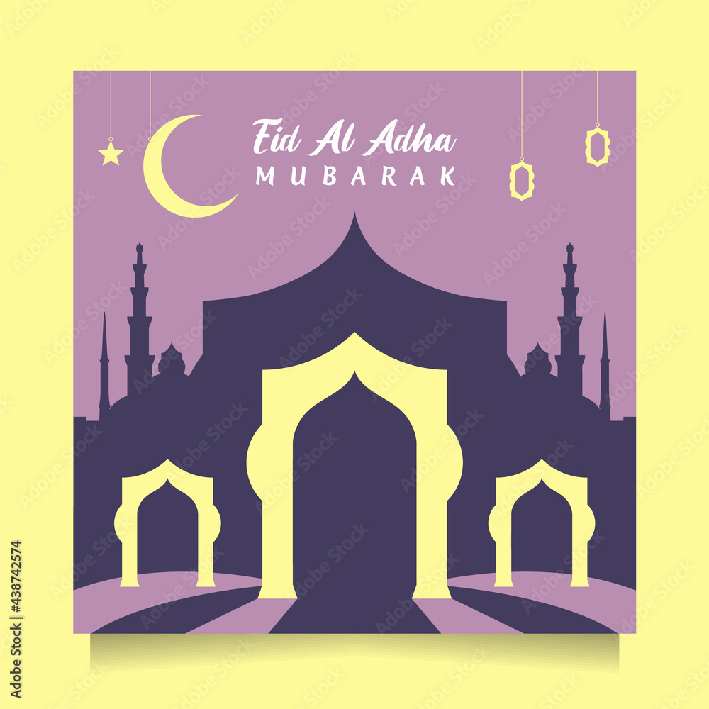 Flat design Eid al adha social media post greeting with modern purple color. Square Vector illustration islamic background with beautiful and unique mosque design Flat design Eid al adha social media post greeting with modern purple color. Square Vector illustration islamic background with beautiful and unique mosque design