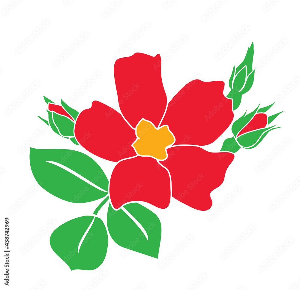 red dog-rose with green buds and leaves - vector flower