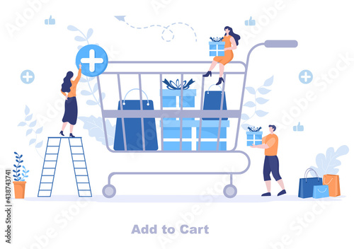 Add To Cart Vector Illustration That Contain List Products, Pictures of Cart and Shopping Items. Landing Page Template