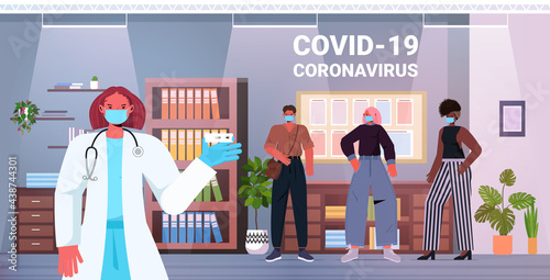 doctor in mask taking swab test for coronavirus sample from mix race businesspeople patients PCR diagnostic procedure
