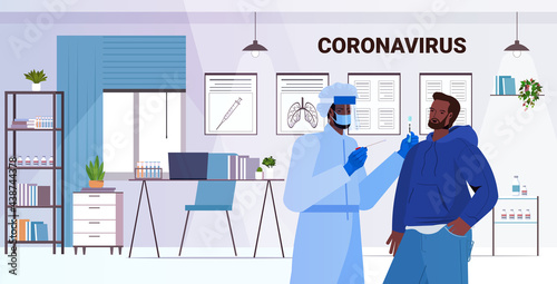 doctor in mask taking swab test for coronavirus sample from man patient PCR diagnostic procedure covid-19 pandemic