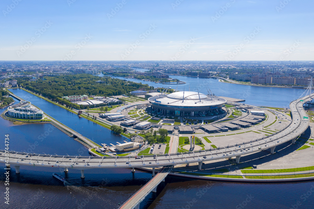 Aerial View Of Krestovsky Stadium Gazprom Arena And Western High Speed Diameter Zsd On Sunny Day Saint Petersburg Russia Stock Photo Adobe Stock