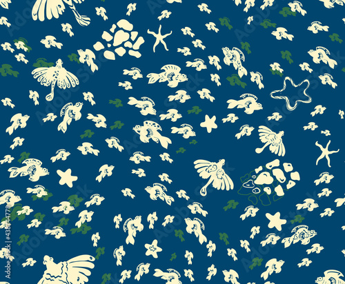 Underwater world seamless pattern with a very large repetition limit.  Many different silhouettes of fish in a chaotic motion.