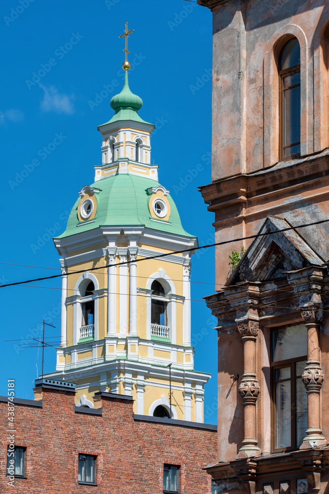 Bell tower of Church of the Annunciation of the Most Holy Theotokos (Blagoveshchenskaya) on sunny summer day. Vasilyevsky Island, Saint Petersburg, Russia.