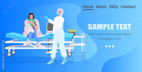 female doctor in mask taking swab test for coronavirus sample from woman patient on hospital bed PCR diagnostic