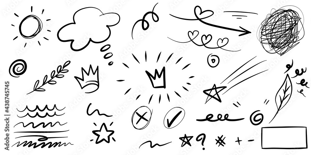 Obraz premium hand drawn set of curly swishes, swashes, swoops. Abstract arrows, Arrow, heart, love, star, leaf, sun, light, crown, king, queen, on doodle style for concept design. vector illustration.